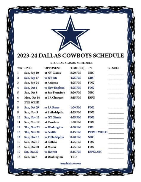 dallas cowboys schedule 2023 printable